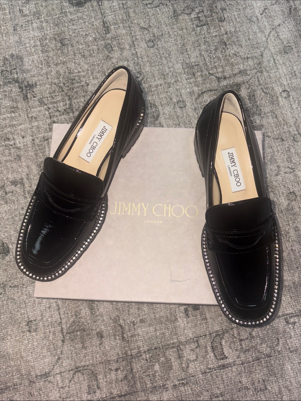 Jimmy Choo Black Patent Leather Loafers with Crystal-Trim